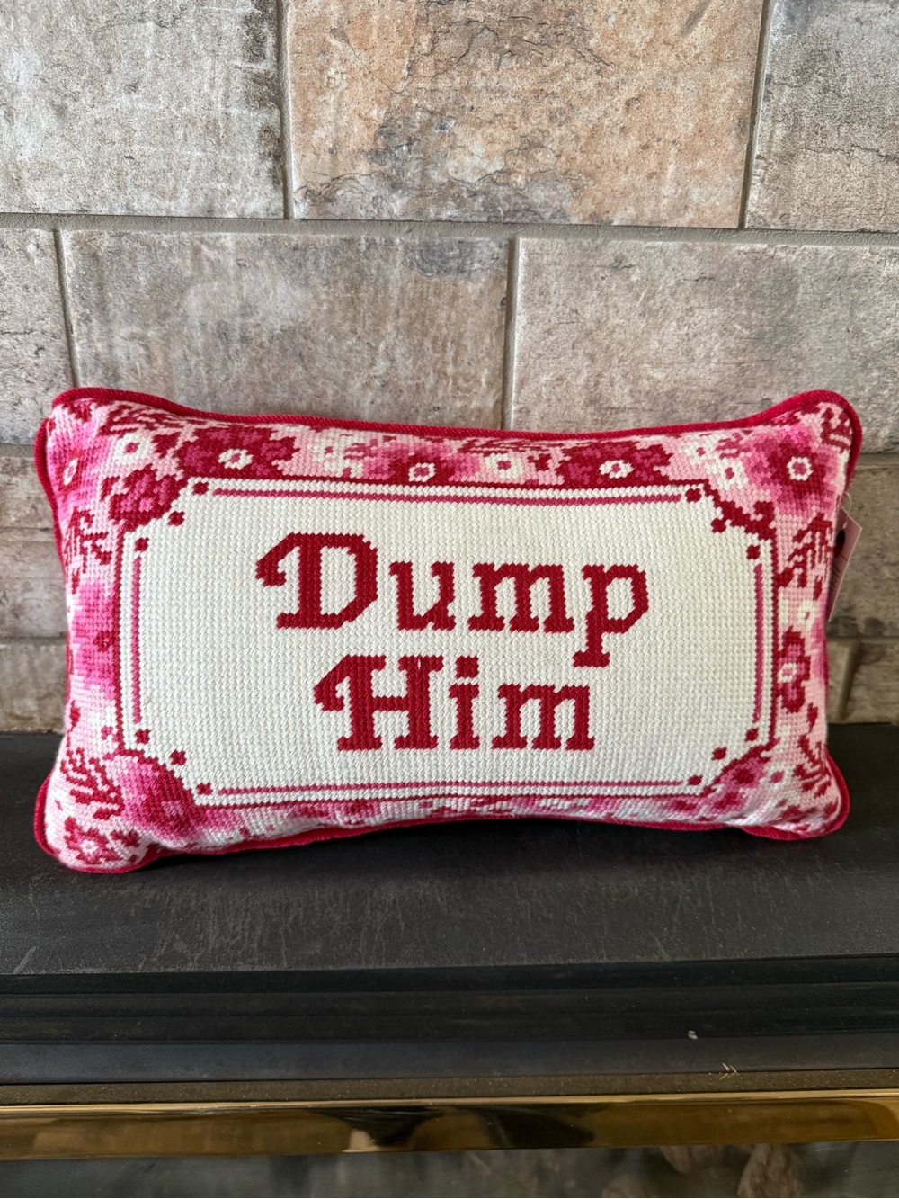 'Dump Him' Pink & White Decorative Needlepoint Pillow